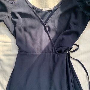 Navy Wrap dress with “cold shoulder” flutter sleeves.